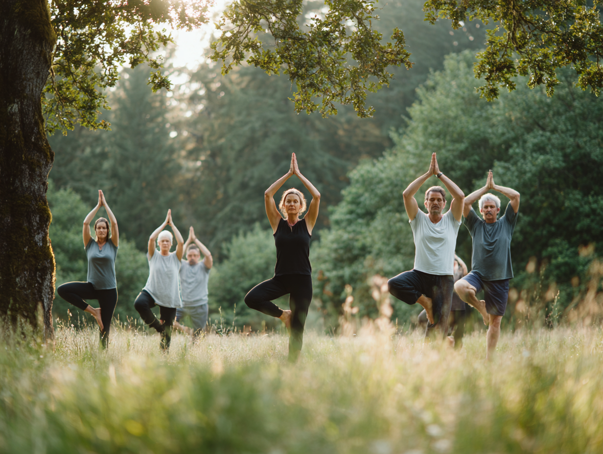 Група людей різного віку в позах йоги на природі
